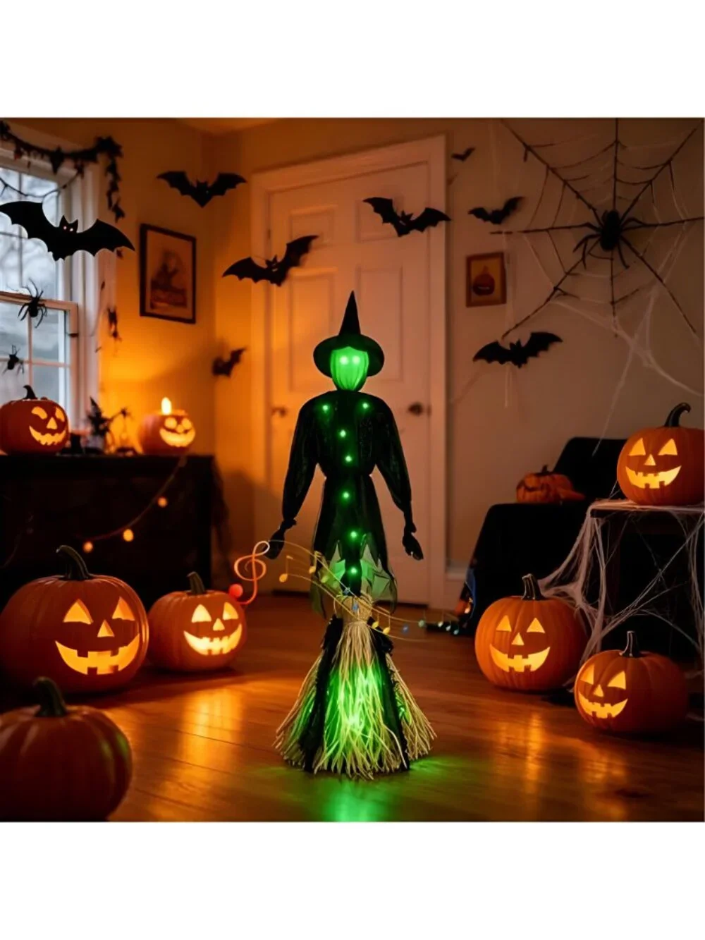 Electric Witch Broom, LED Witch Decoration, Voice and Touch Activated, Magical